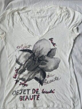 Express White V-Neck Floral Graphic Tee with Pink Blk Sequin "Objet de beaute" S